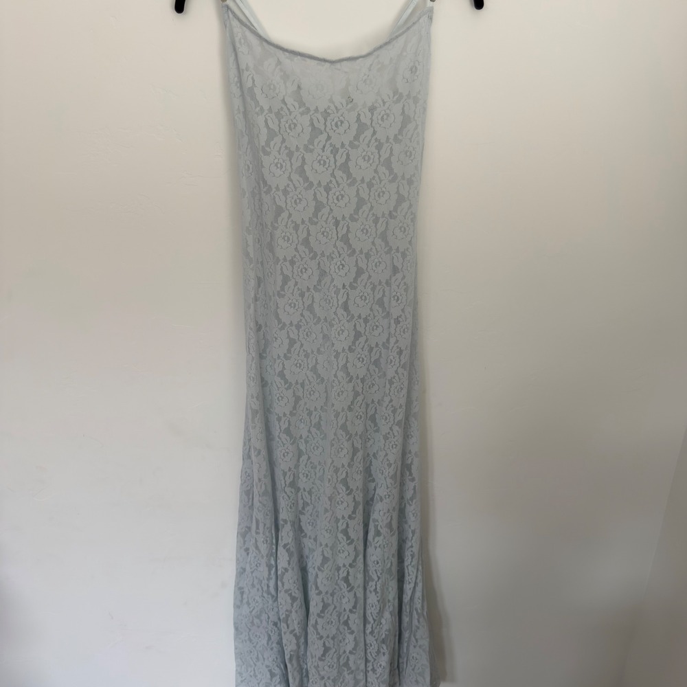 Anthropologie Floral Lace Godet Maxi Dress Light Blue Sheer Scoop Back XL